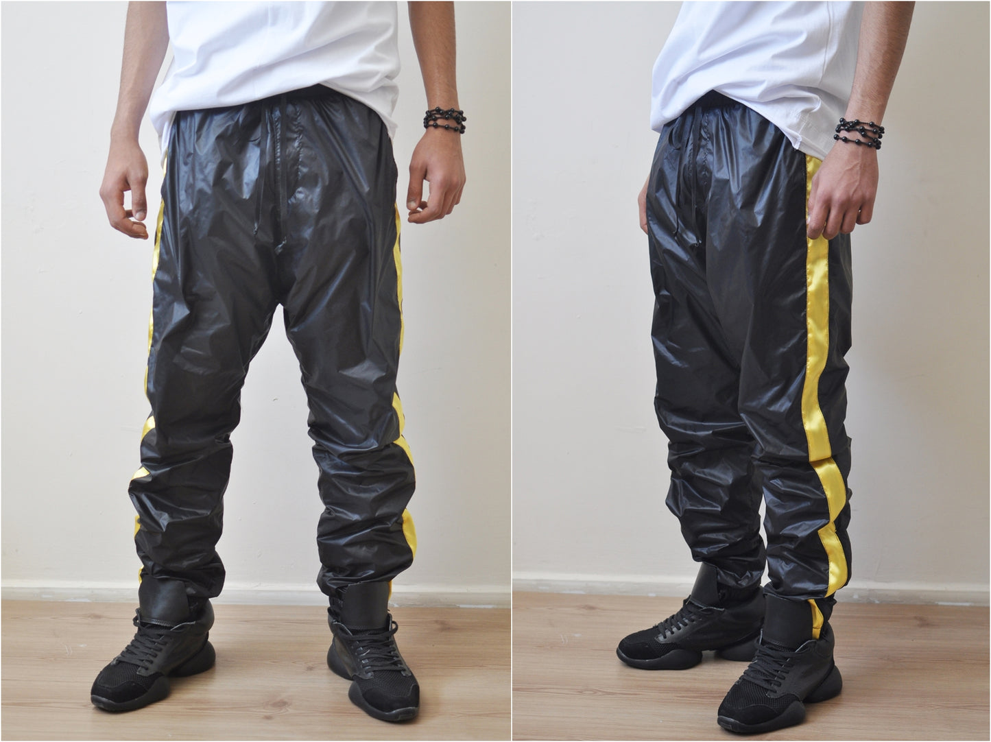 Black Gold Nylon Contrast Side Stripe Jogger Track Pants