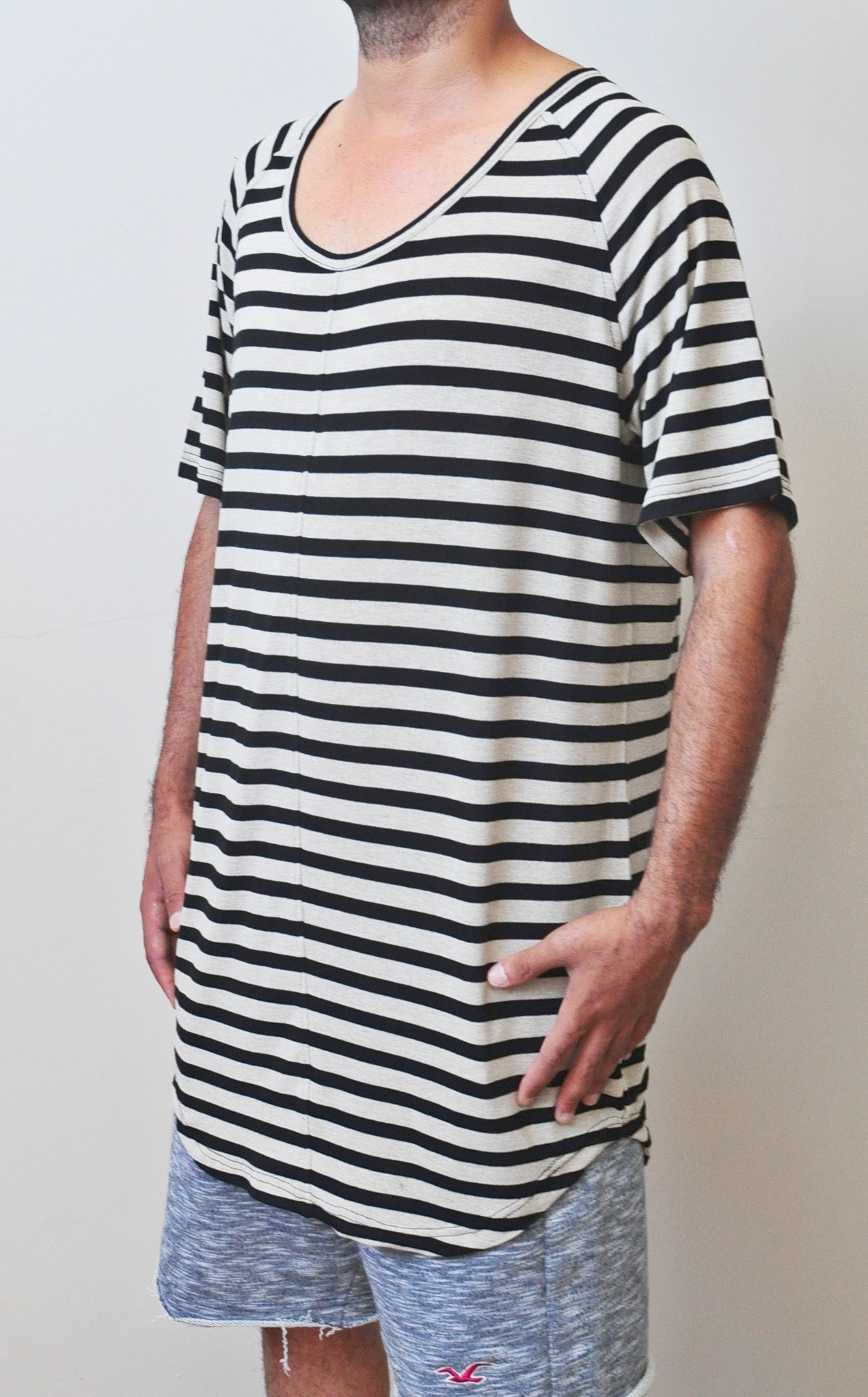 Knit Striped Under Scoop T-shirt - Extended Overlong Short Sleeve Drop Shoulder Centre back seam