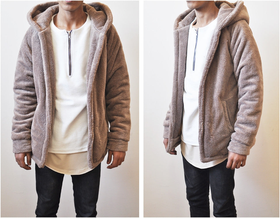 Men s Oversized Sherpa Anorak BoxyFit Side Slit Ivory Raf Bubble Furry Hoodie Warm Sherling Hoodie Winter Pullover Supreme Yeezy Lining