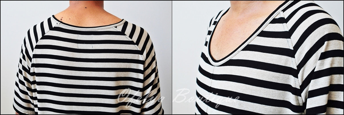 Knit Striped Under Scoop T-shirt - Extended Overlong Short Sleeve Drop Shoulder Centre back seam