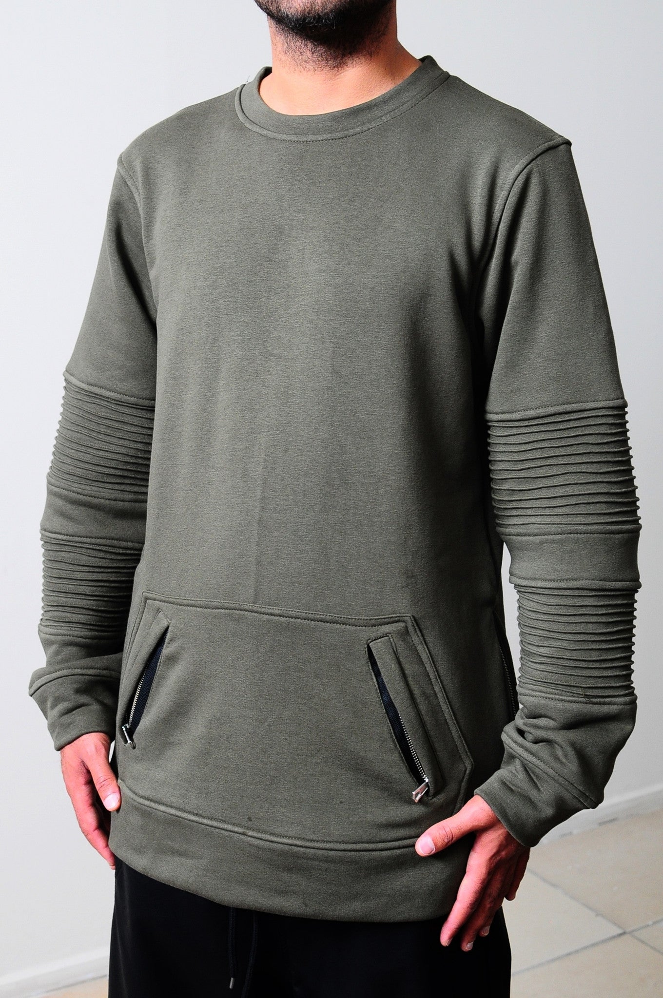 Men Crewneck Kangaroo Zipper Pocket Side Zipper Sweatshirt