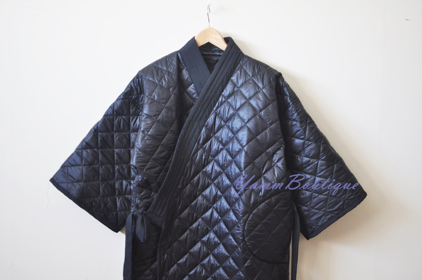 Winter V-Collar Three-quarter Sleeve Kimono /Bandage Padded Coat Quilted Overlong Coat / Loose Over the Knee Long Jacket / Kaftan Maxi Dress