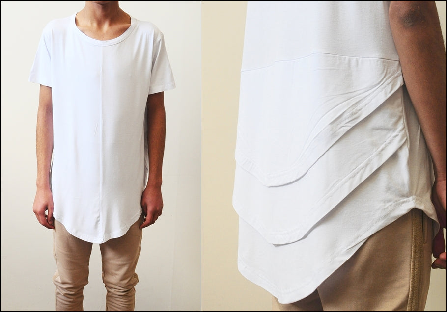 White Distressed Scoop Wide Neck Short Sleeve Extended Folded Back Tshirt