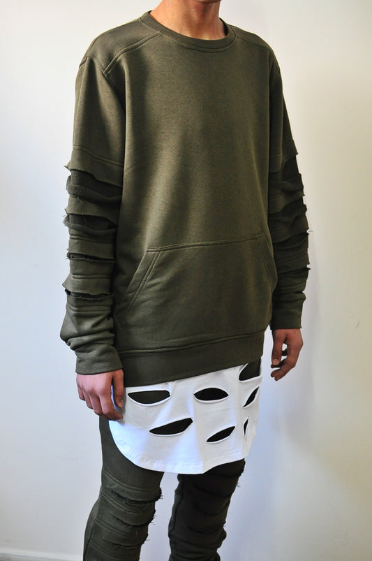 Men's Disstress Sweatshirt / White Distressed Layer Slevees Hoodie / Sweater-BB062