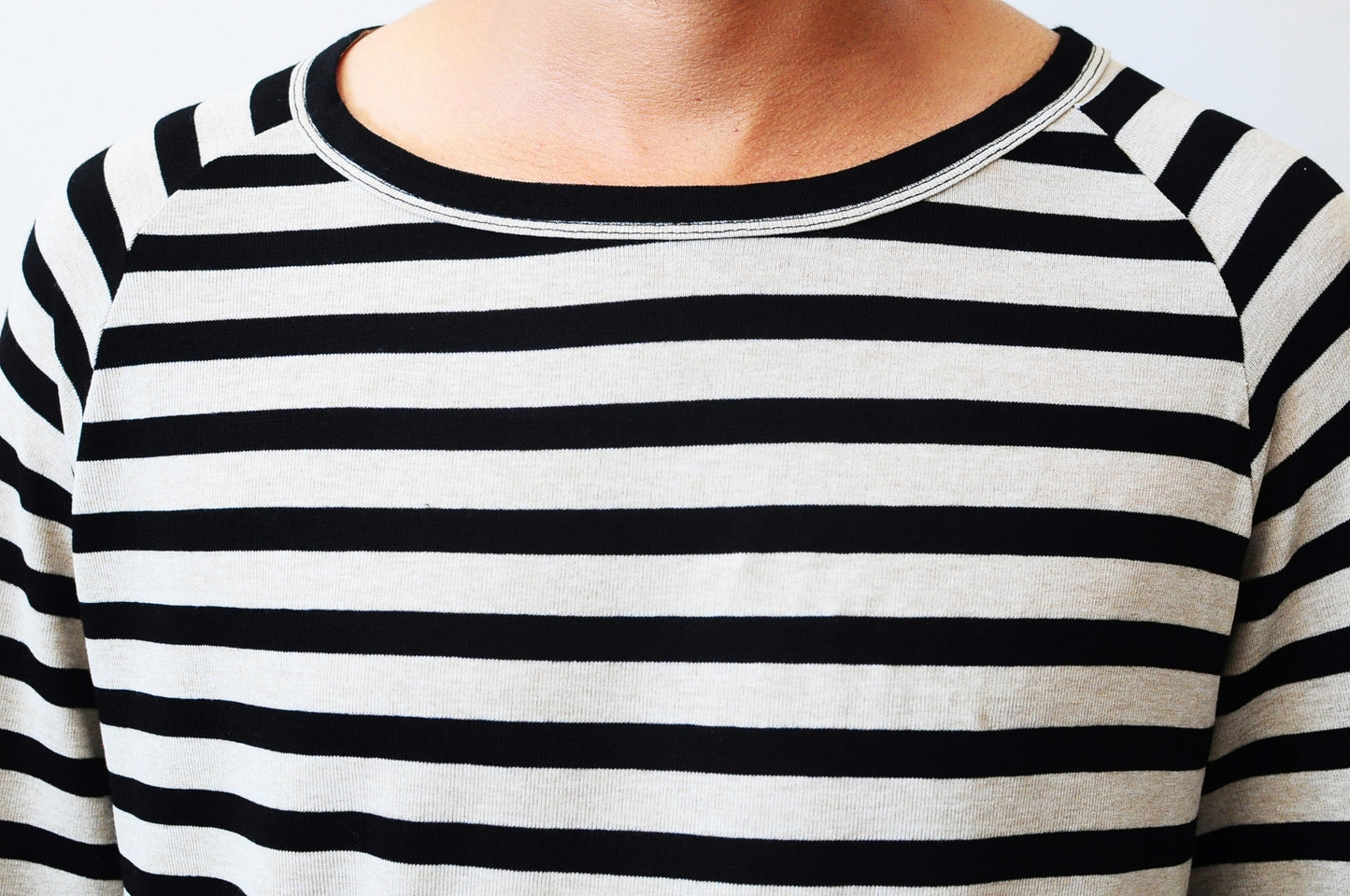 Striped Black/Beige Under Scoop Knit T-shirt - Extended Overlong Long Sleeve - -  Drop Shoulder Centre back seam