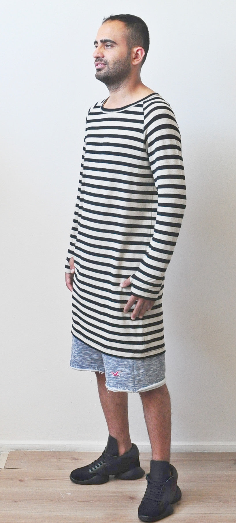 Striped Black/Beige Under Scoop Knit T-shirt - Extended Overlong Long –  Ofelya Boutique