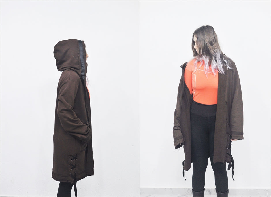 Oversized Hooded Long Leather Stitched Edge Drawstring Tied Up Cardigan / Cloak Cosplay Cape