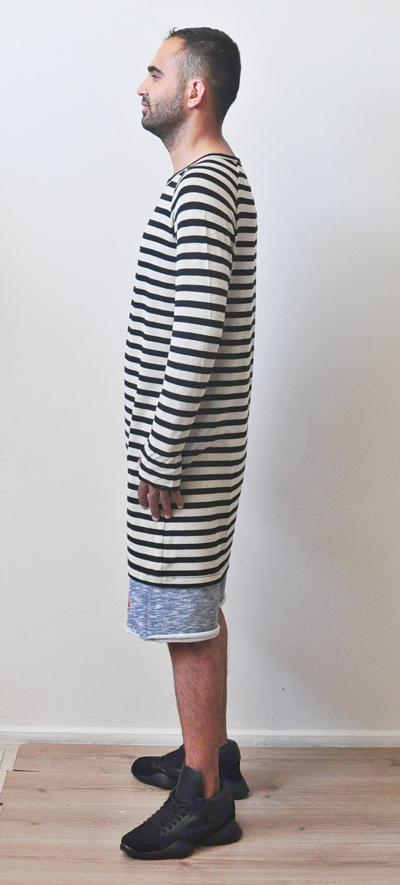 Striped Black/Beige Under Scoop Knit T-shirt - Extended Overlong Long Sleeve - -  Drop Shoulder Centre back seam