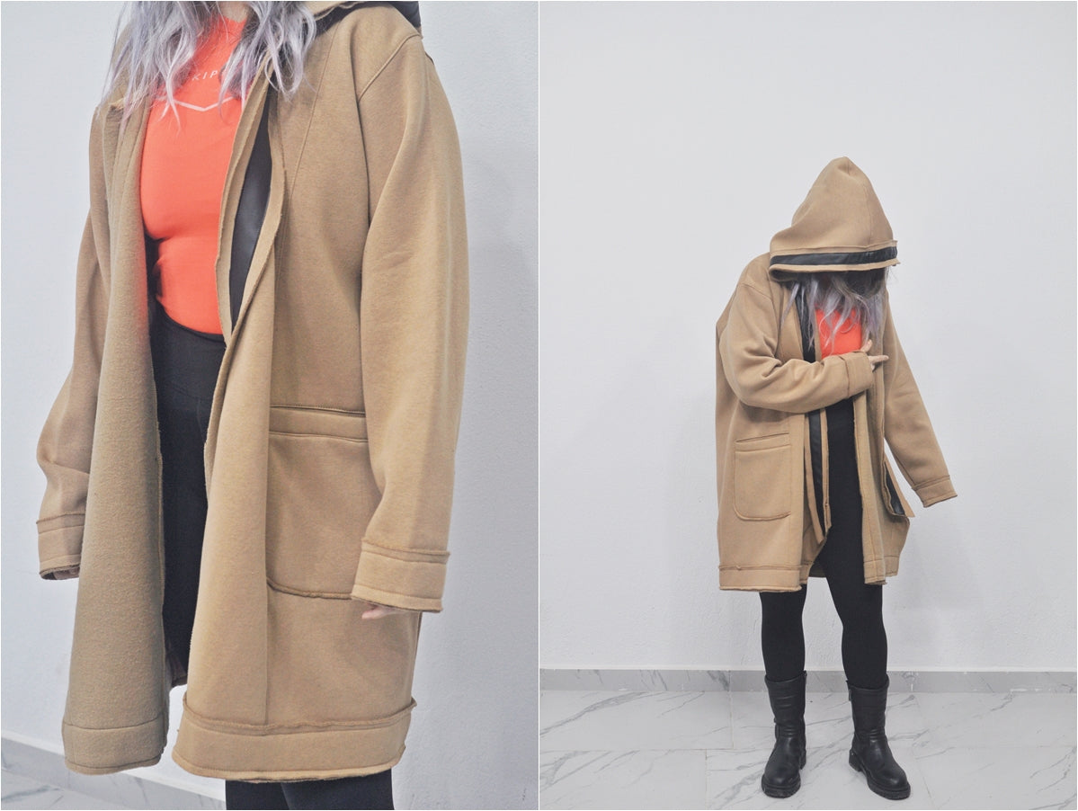 Oversized Asymmetrical Front Cut Long Hooded Leather Stitched Edge Cardigan / Cloak Cosplay Cape