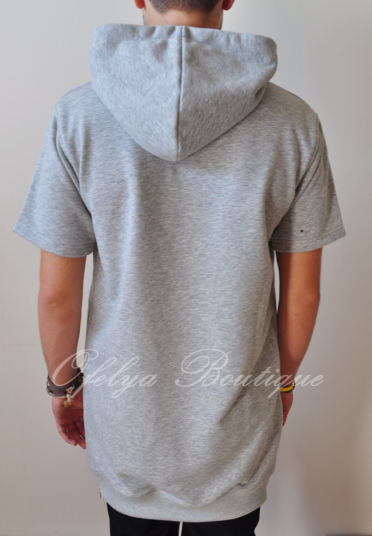 Men's Overlong Short Sleeve Side Zip Extended Cotton Blend Hoodie