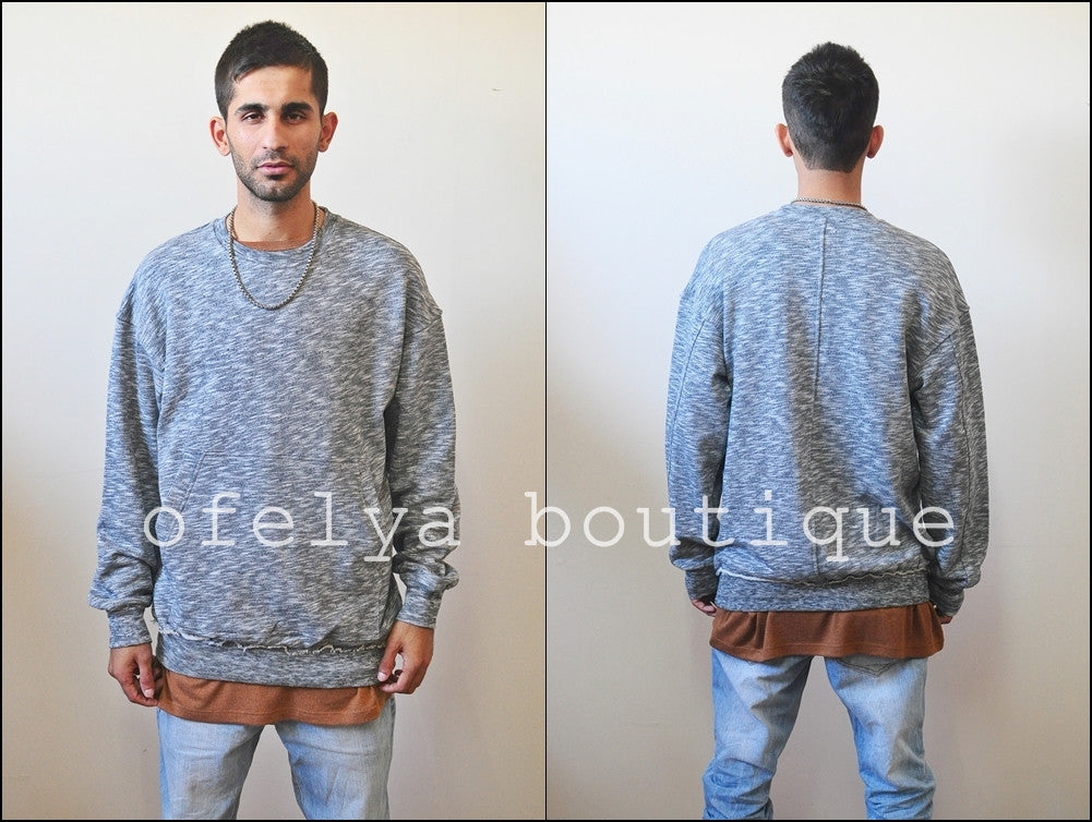 Raw Edge Waistband 80's Sweater  / Oversized Fit / Dropped Shoulder / Rear Neck Badge