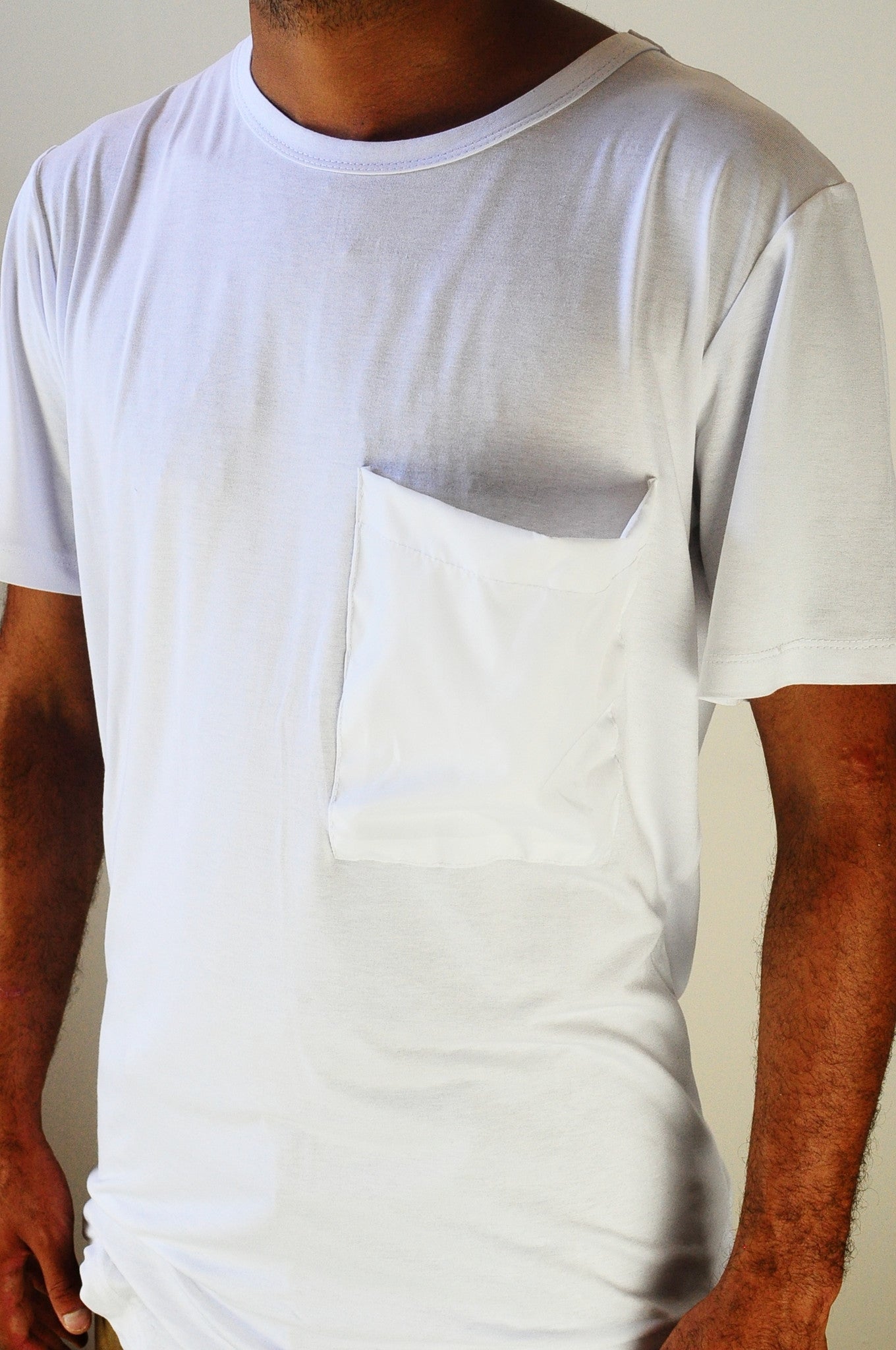 Wide Neck Big Twill Pocket Extended Drop Oval Hem Viscose T shirt