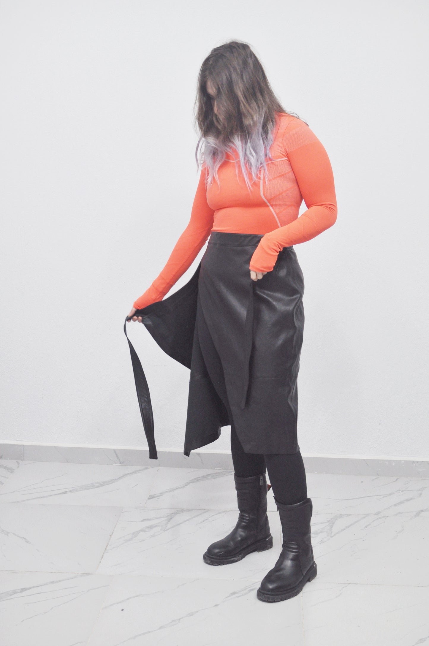 Black Long Belted Pencil Wrap Midi Skirt, High Waist Faux Leather Women