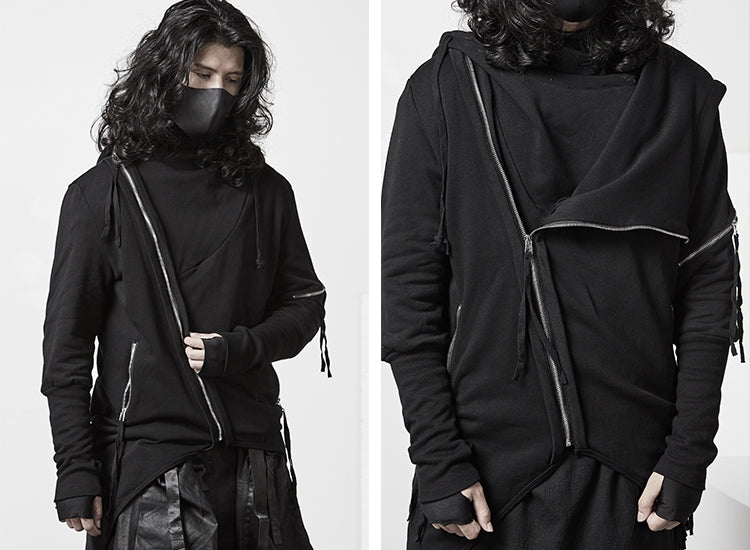 Men's Ninja Punk Webbing Gothic Asymmetrical Hoodie Nightclub Stylist Costume Dark Slim