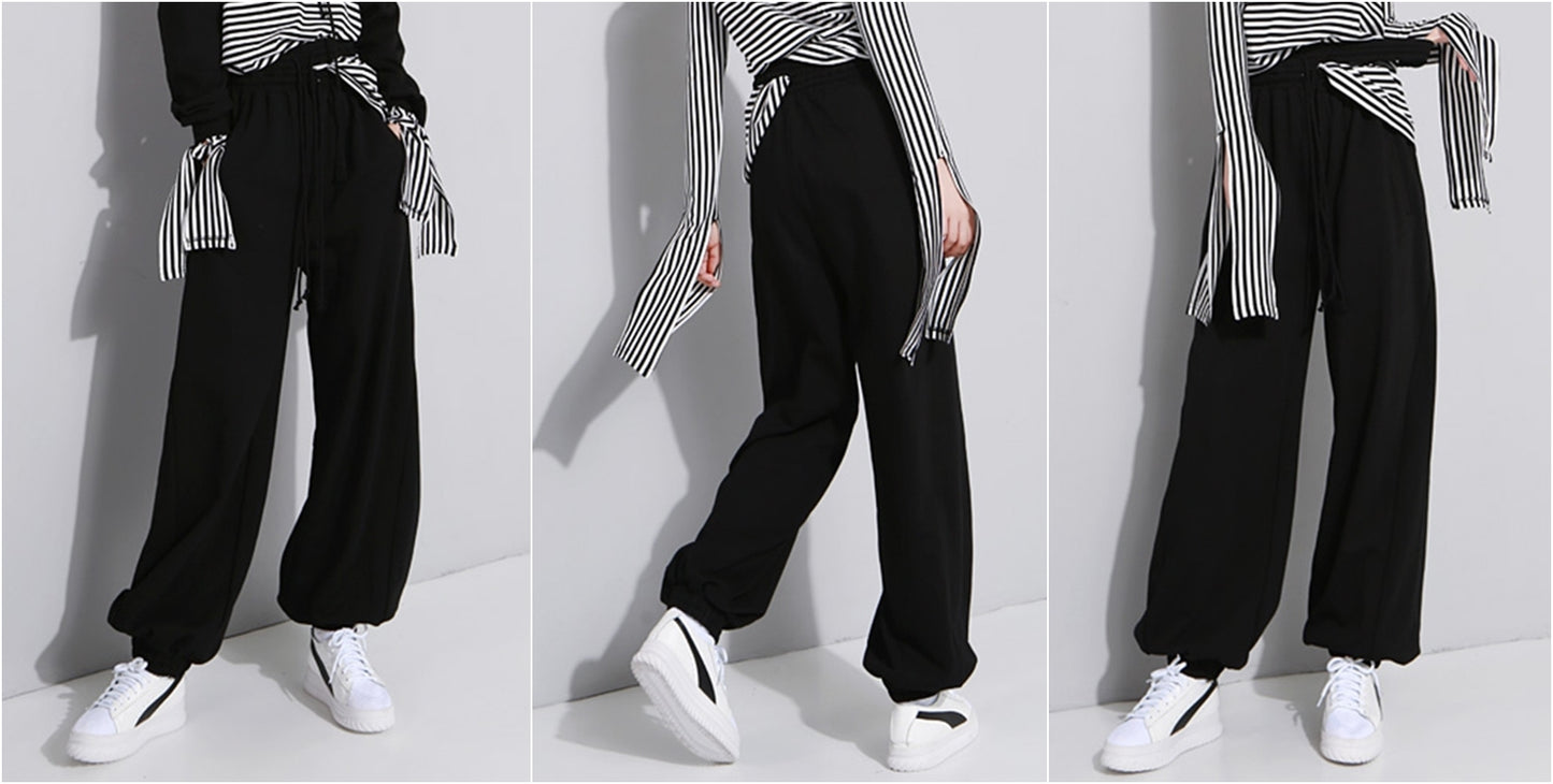 Elastic Double High Waist Trousers and Crop Top for Women Pants Lace up Sweatpants / Hip Hop Jogger - women set 2 pcs