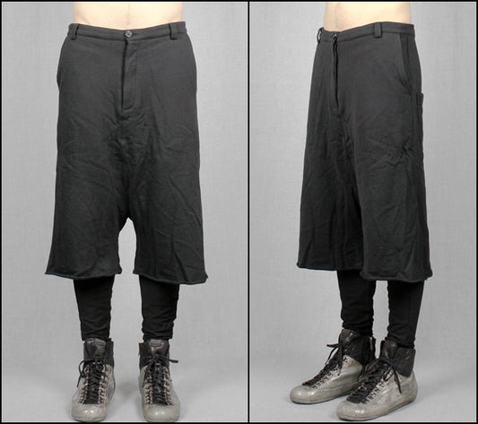 Biker Black Long Shorts with a Drop Crotch and Tapered Leg