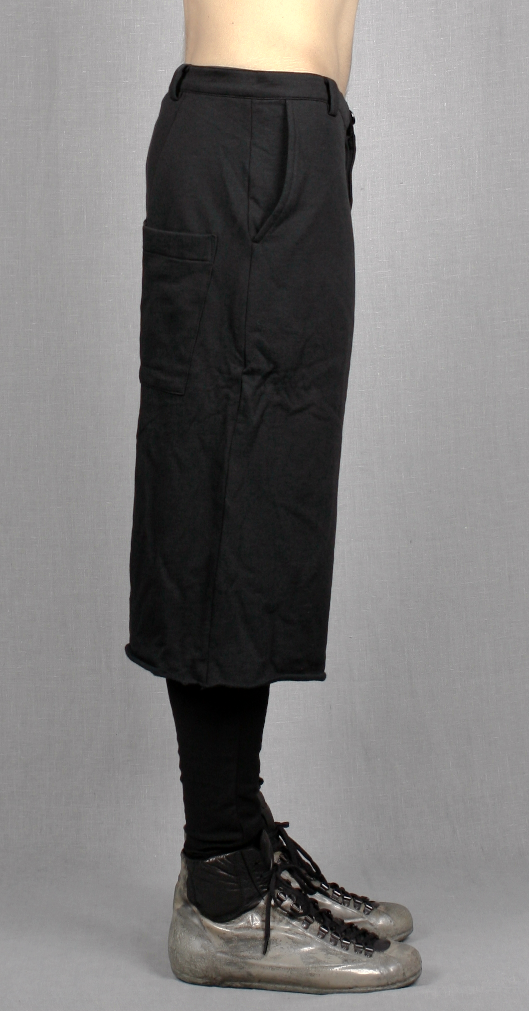 Biker Black Long Shorts with a Drop Crotch and Tapered Leg