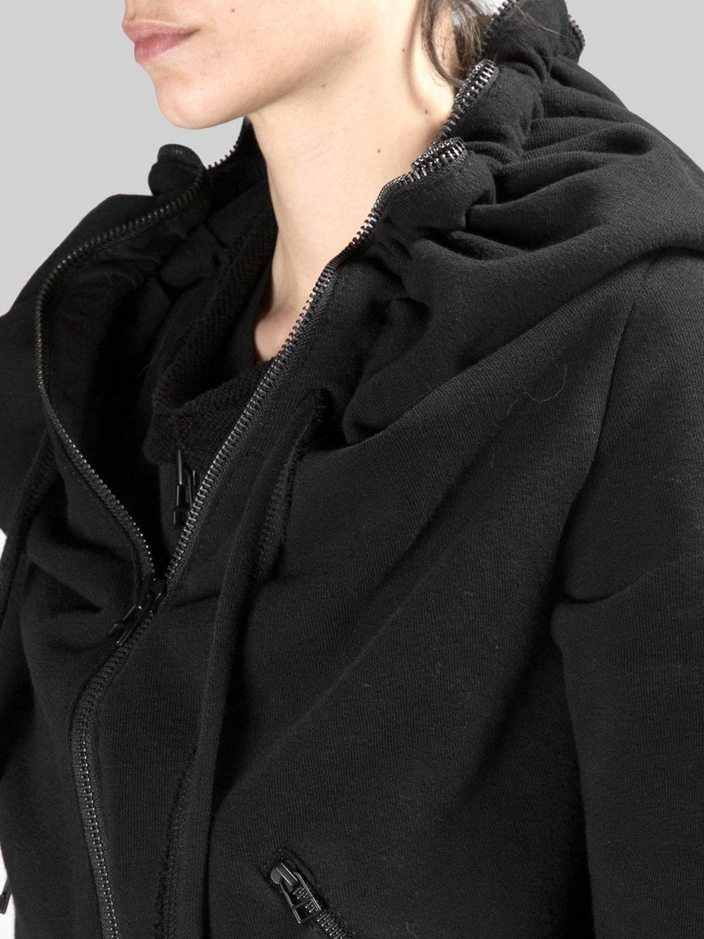 Asymmetric Raw Cut Seam Detail Sweaters Hoodie / Zipped Side Pockets  - Bottom Drawstrings