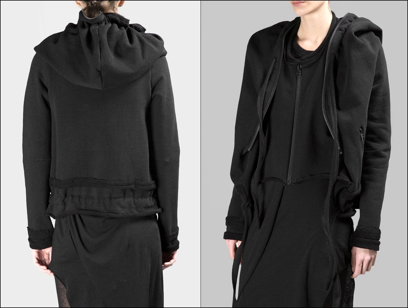 Asymmetric Raw Cut Seam Detail Sweaters Hoodie / Zipped Side Pockets  - Bottom Drawstrings