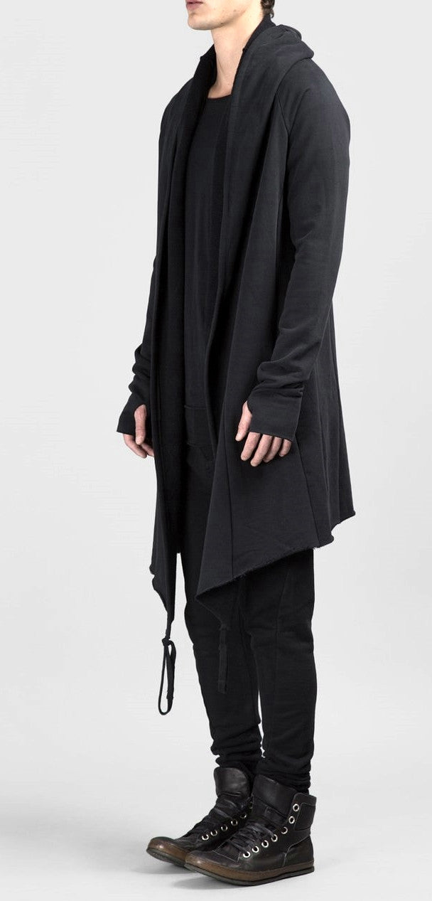 Black Long Sweater Cardigan With Hood / Glove Sleeves - LONG ASYMMETRIC CUT Winter