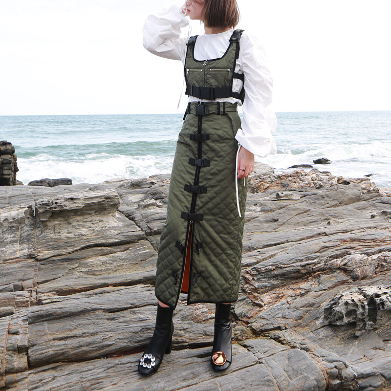 Women SET Multi-pocket Tactical Vest with Strap Buckle Decoration High Waist Straight Knee Skirt 2pcs