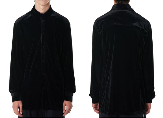 Regular-fit Crushed Velvet Shirt in Black Asymmetric Collar Dropped Shoulder