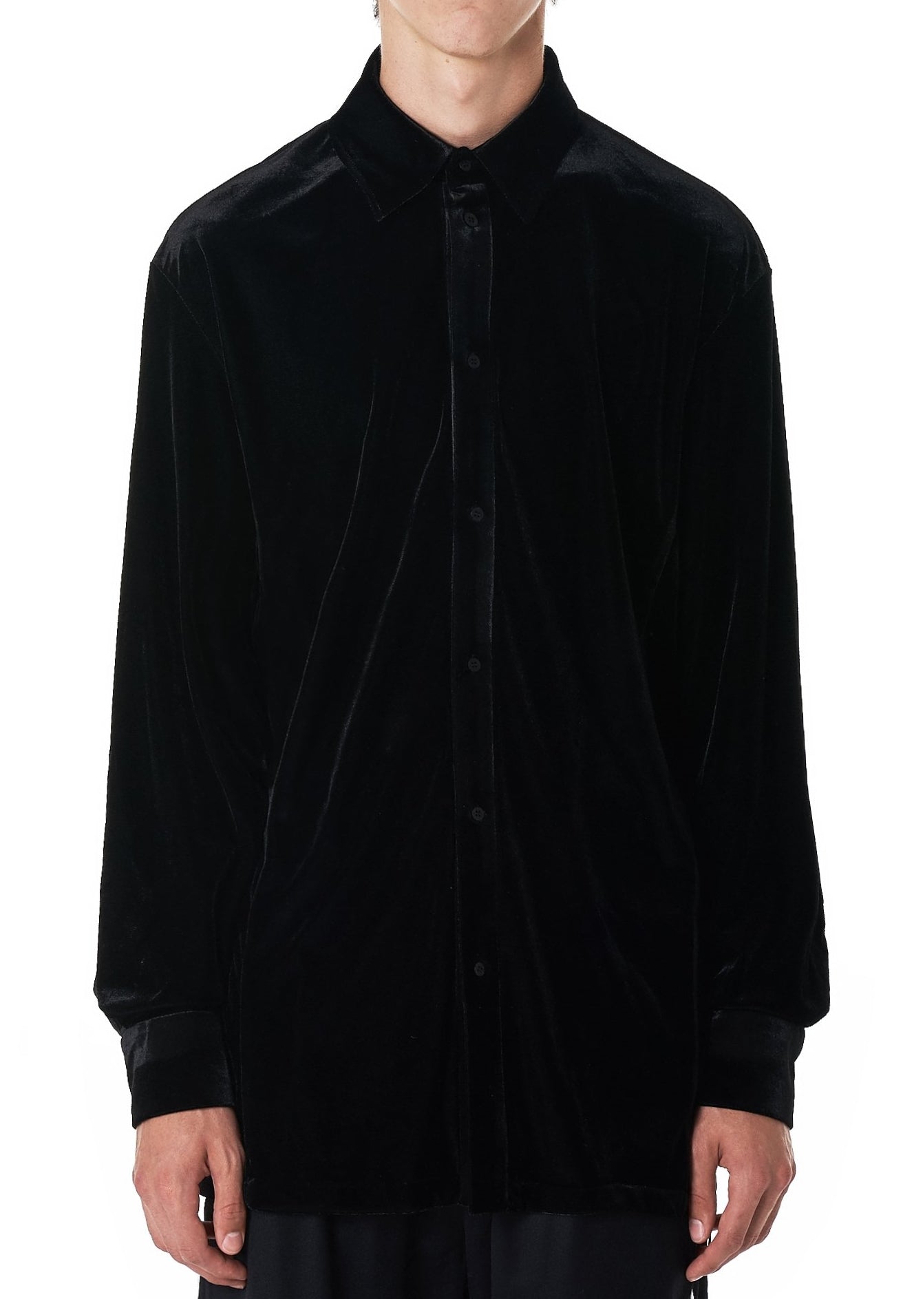 Regular-fit Crushed Velvet Shirt in Black Asymmetric Collar Dropped Shoulder