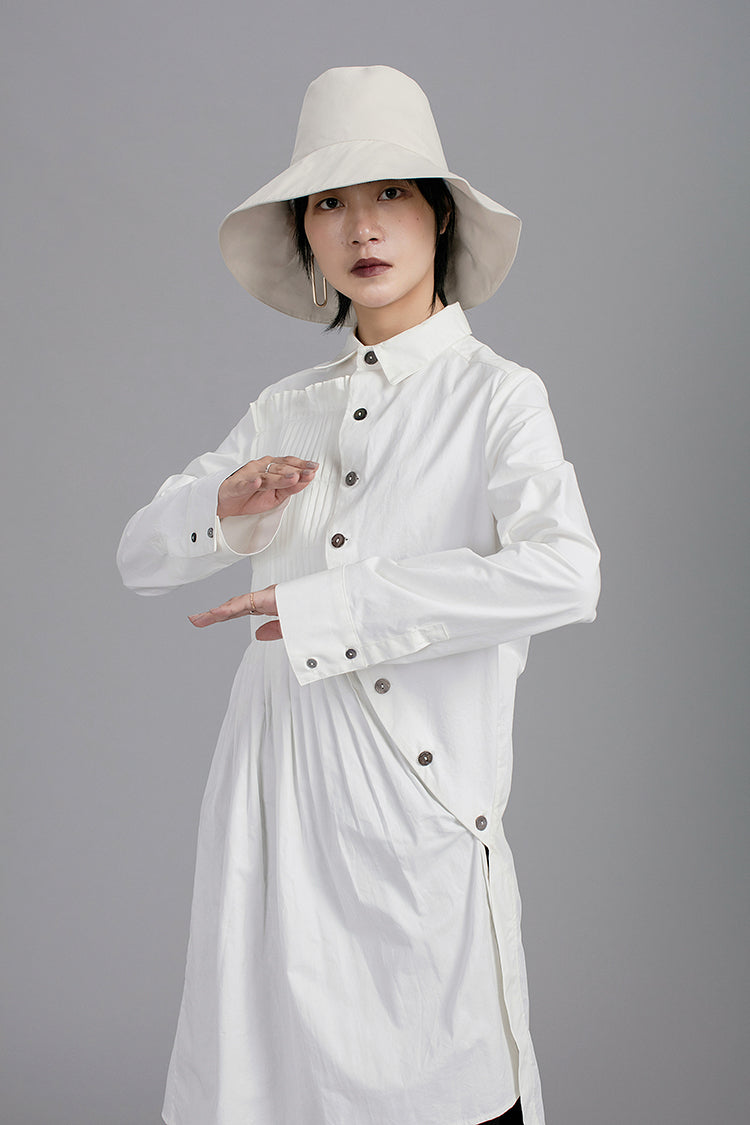 Asymmetric Folding Curved Pleated Middle Long Shirt Tunic