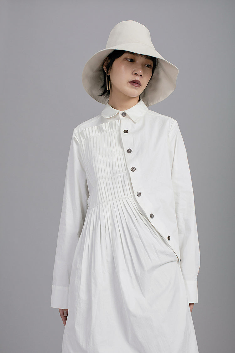 Asymmetric Folding Curved Pleated Middle Long Shirt Tunic-BB852