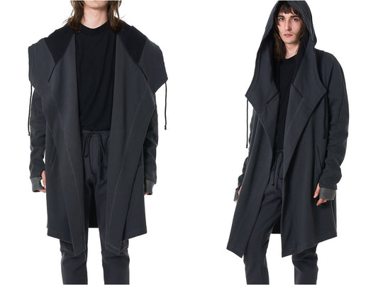 Men's Relaxed-fit Long Big Hooded Cardigan Coat / Asymmetric Elongated Thumbhole Sleeves