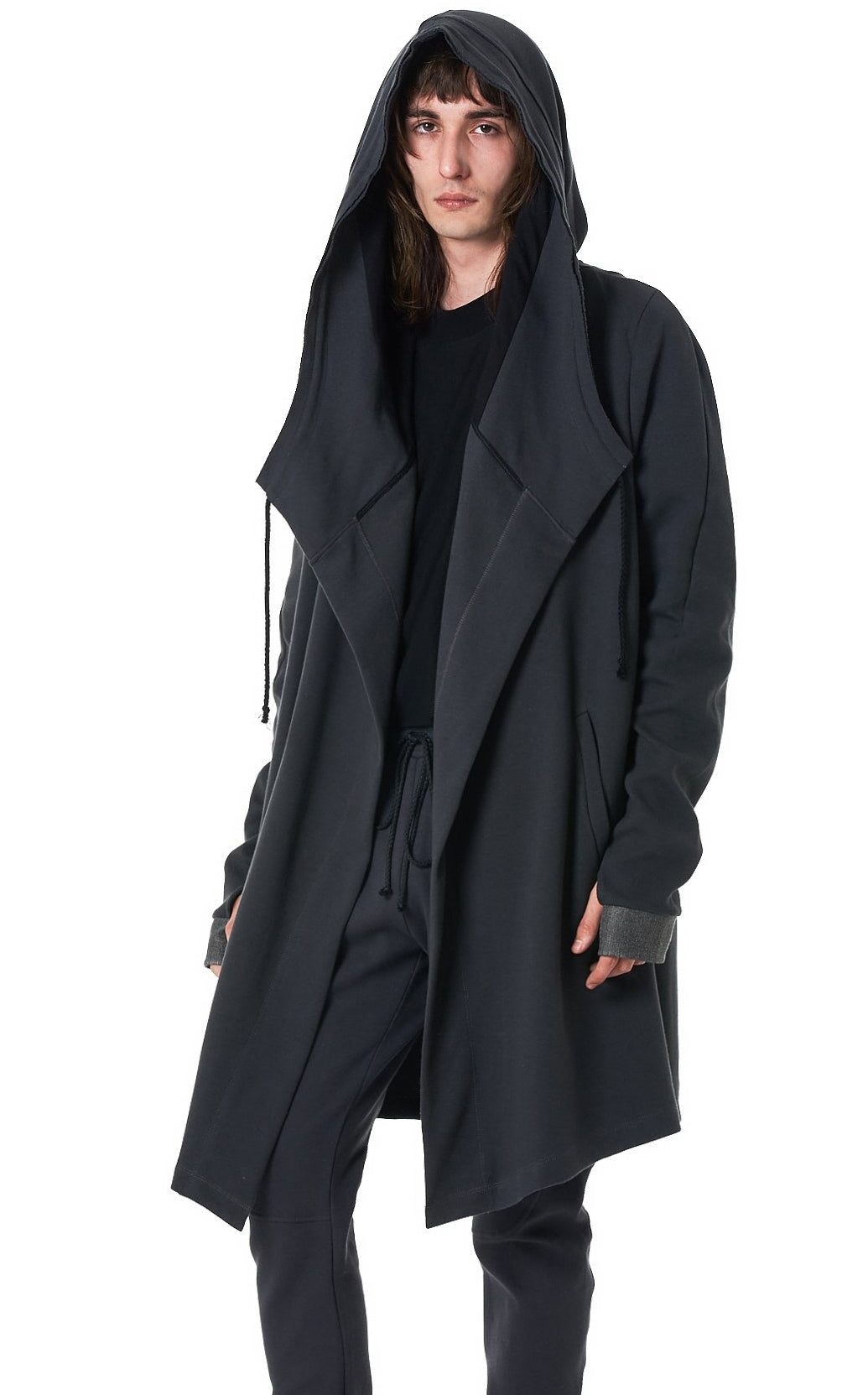 Long Linen & Silk Coat for Men / Boho Hooded Cardigan / Gray