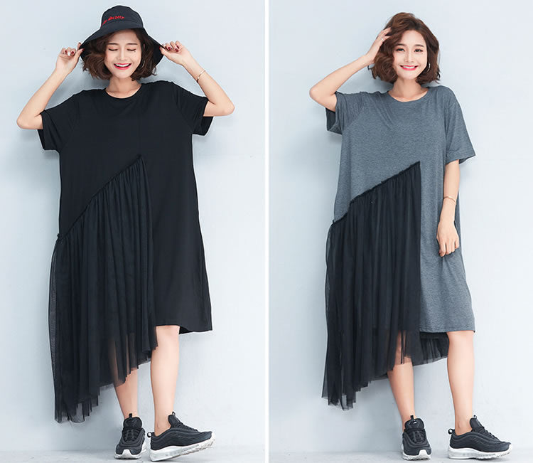 Short Sleeve Korean Style Dress O-neck Patchwork Mesh Irregular Women Dress