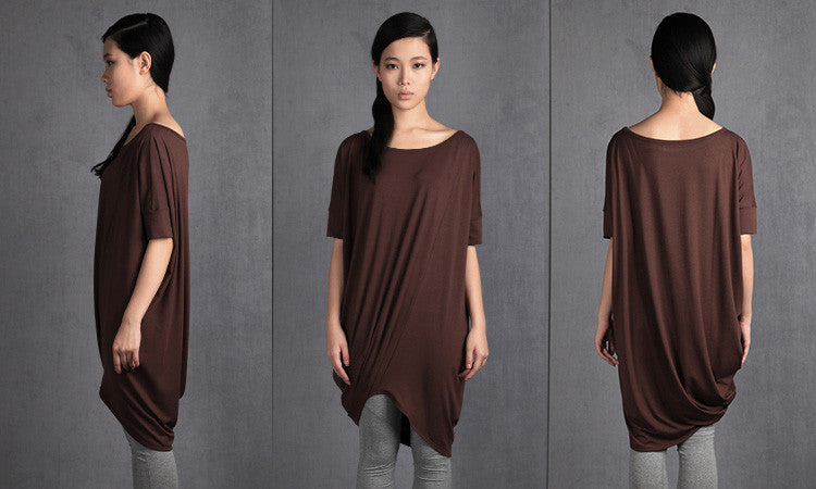 Asymmetric Oversized Top/ Twisted Brown-Grey Top / Party Blouse / Long Tunic / Loose Top / Casual Shirt /