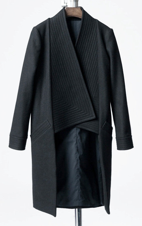 Winter Back Long Quilted Collar Red -Black Woolen Coat Jacket// Short in Front Long Back Loose