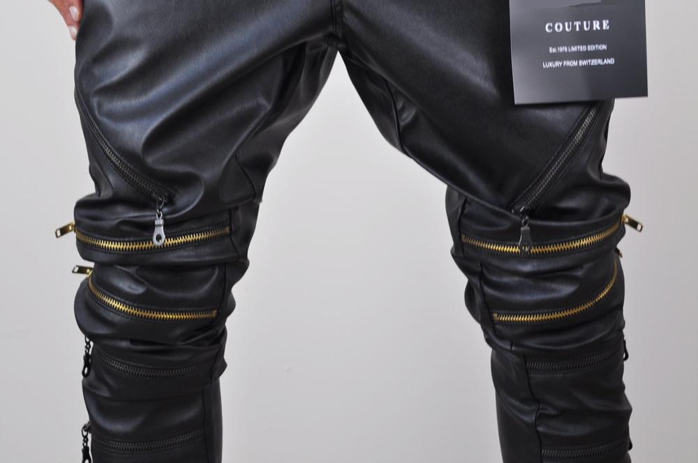 Biker Drop Crotch Side Pocket False Zippers Knee Side Leather Harem Pants