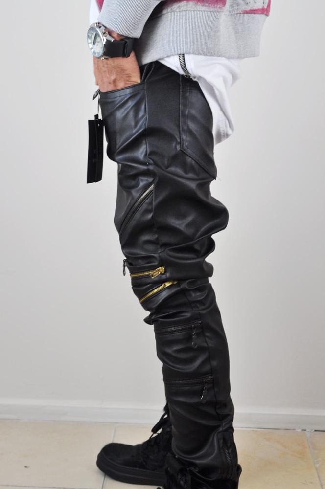 Biker Drop Crotch Side Pocket False Zippers Knee Side Leather Harem Pants