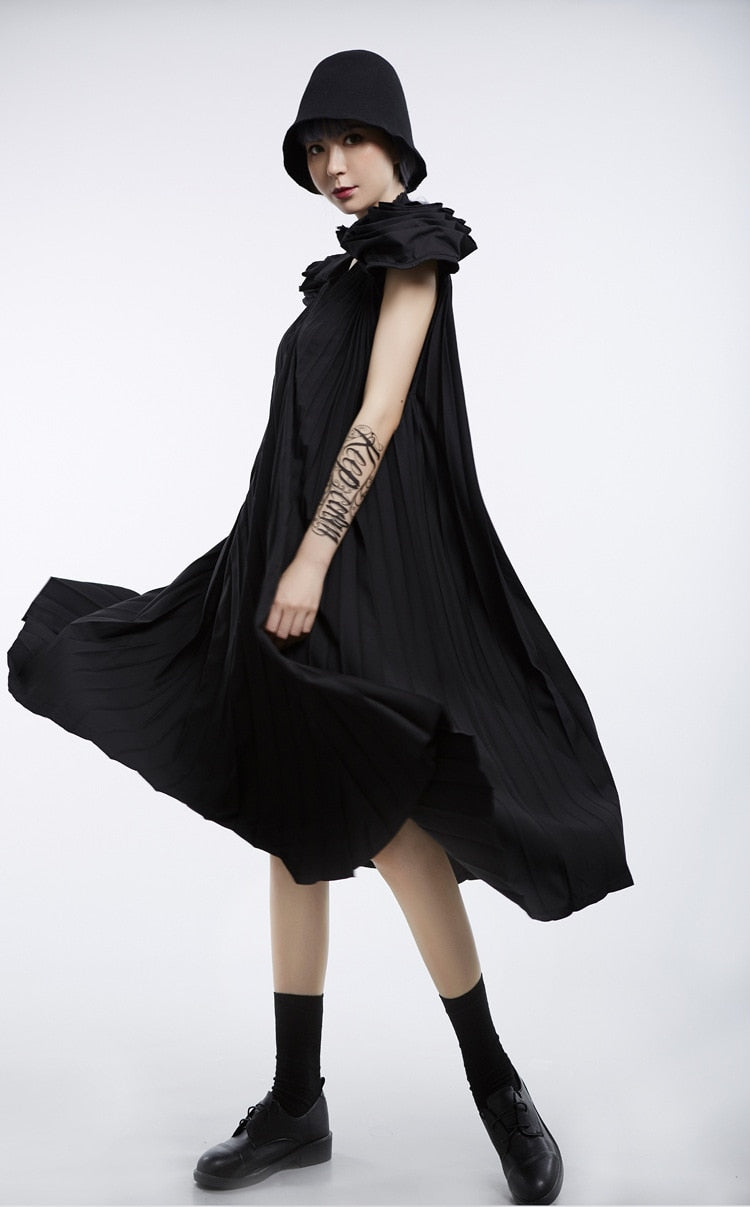 V-Neck Sleeveless Stitch Pleated Loose Plus Size Dress Women Fashion