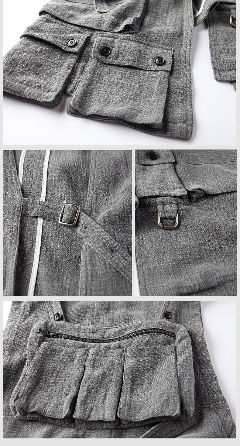 Original Men's New Cotton Linen Long Casual Mest Jacket Multi-pocket Tactical