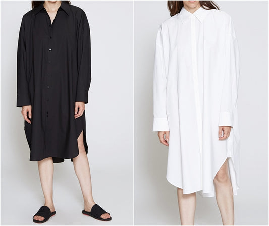 Oversized Shirtdress in Crisp Black Poplin / Pointed collar / Dropped Shoulders / Long sleeves with pleated wrist