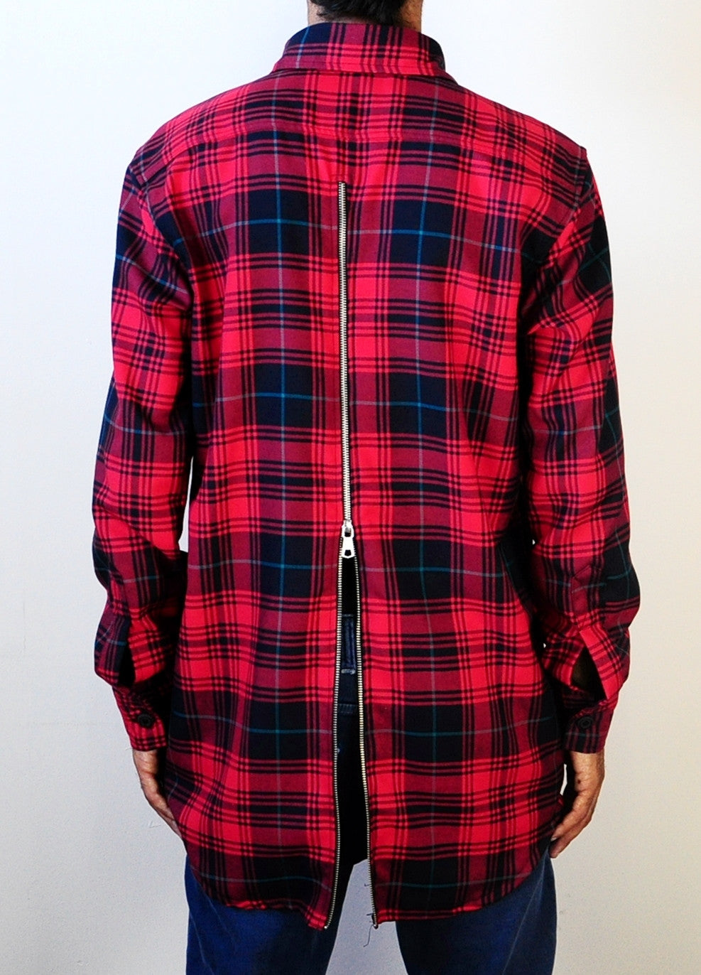 Rear Back-YKK Zip Slim Fit Long Sleeve Flannel Plaid Check Shirt Button Front Shirt - Red//Blue-