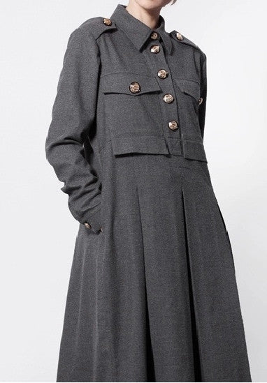 Woolblend Front Button Closure Floor Long Military Style Dress