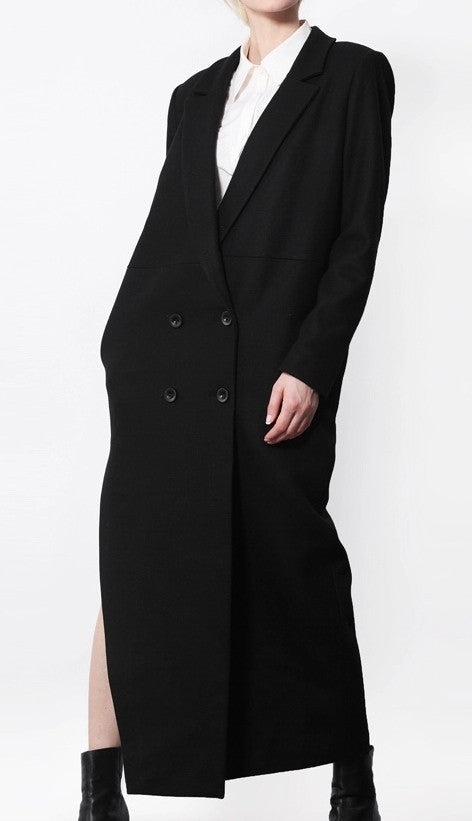 Avant Garde Dark Black Asymmetric Side Big Slit Overlong Wool Jacket Coat