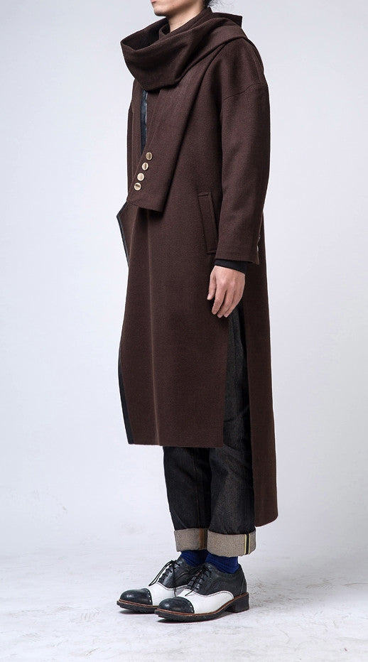 Oversized Wool Long Jacket / Leather Trimed Extravagant Coat