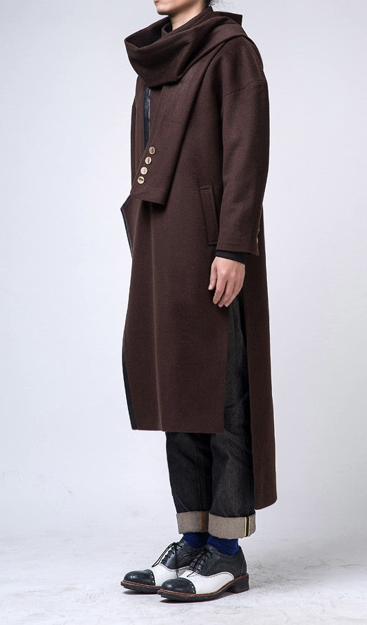 Oversized Wool Long Jacket / Leather Trimed Extravagant Coat