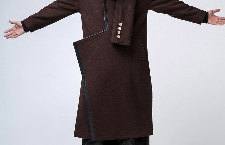 Oversized Wool Long Jacket / Leather Trimed Extravagant Coat
