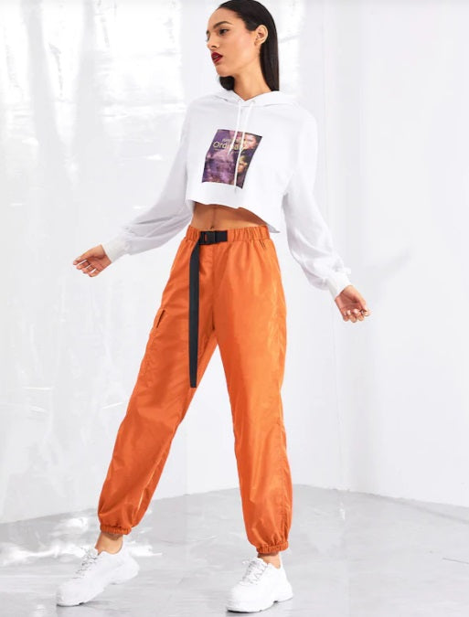Women Push Buckle Front Pocket Side Tapered Carrot Pants Hiphop Streetwear Neon Jogger
