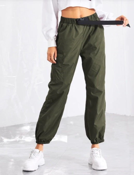 Women Push Buckle Front Pocket Side Tapered Carrot Pants Hiphop Streetwear Neon Jogger