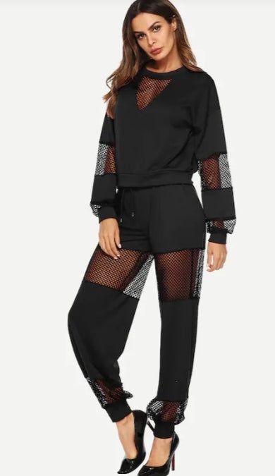 Women Black Sexy Contrast Fishnet Top With Pants /Set 2pcs Plus