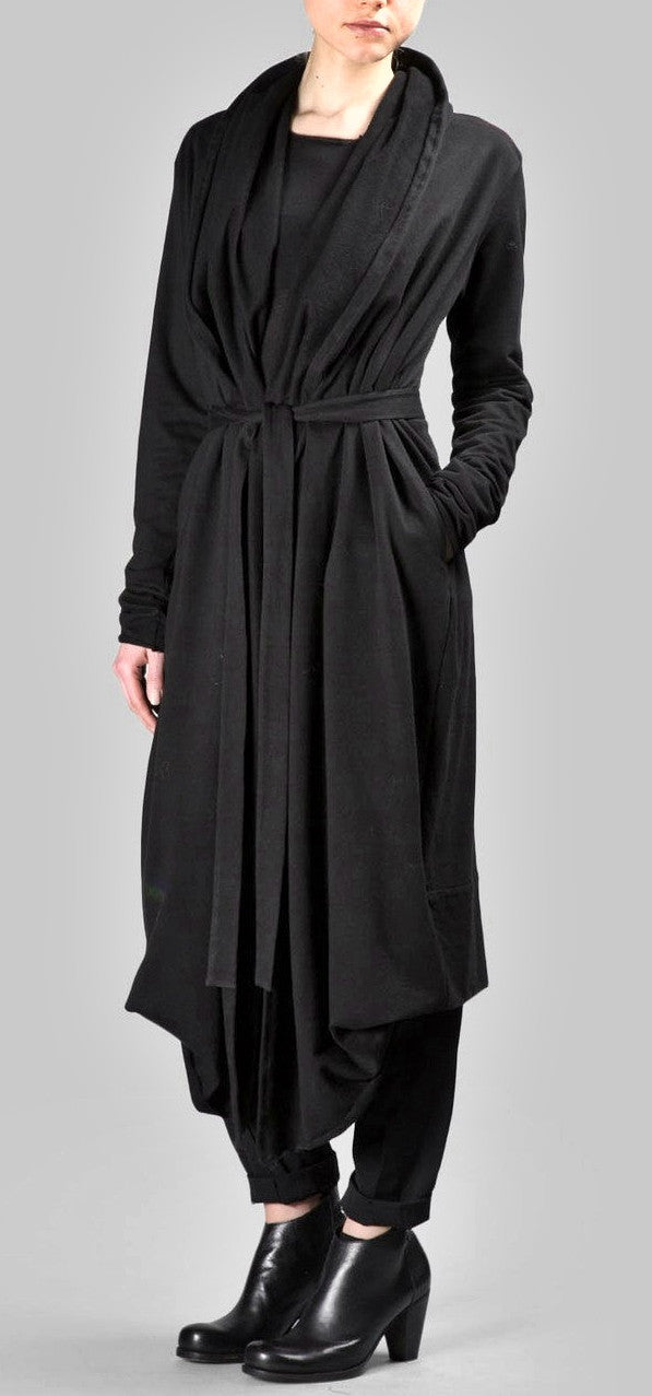 Draped Women's BLACK Long Overlong Oversized Hooded Belted CARDIGAN / Shawl Cardigan