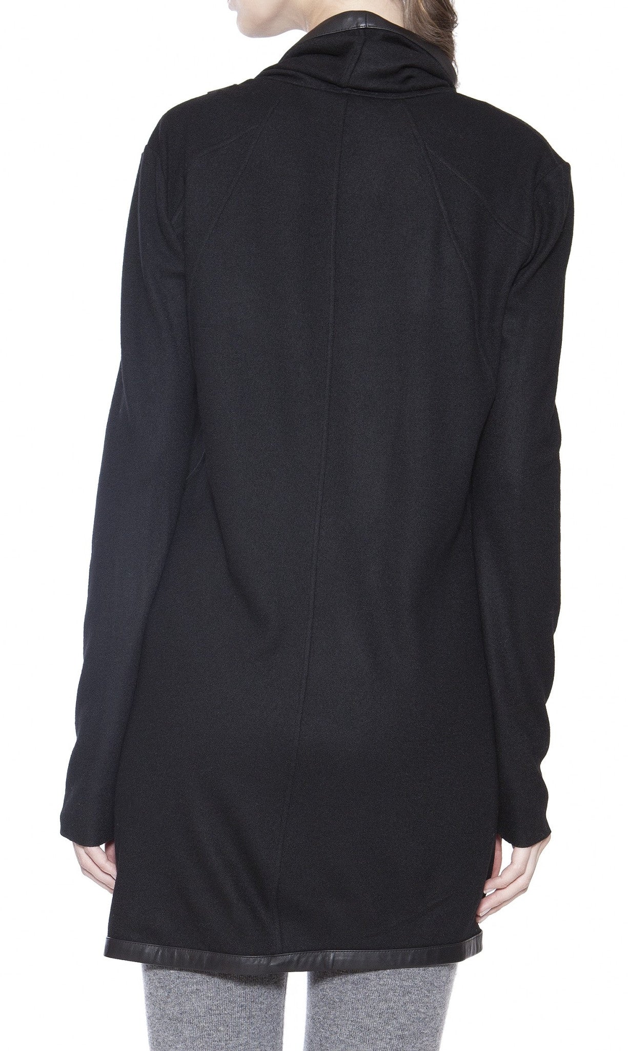 Women's Black Leather Trim Viscose Cotton Shawl Collar Long Sleeve Cardigan Jacket